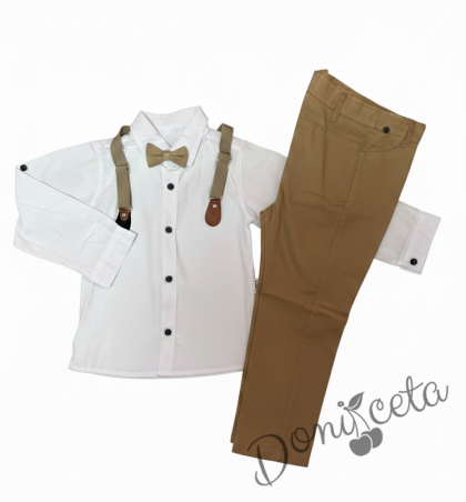 Комплект от панталон, папийонка и тиранти в бежово и бяла риза.