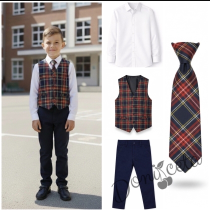 Комплект за момче от 4 части- риза в бяло, панталон в тъмносиньо, елече и вратовръзка в карирано червено, подходящ и за ученическа униформа