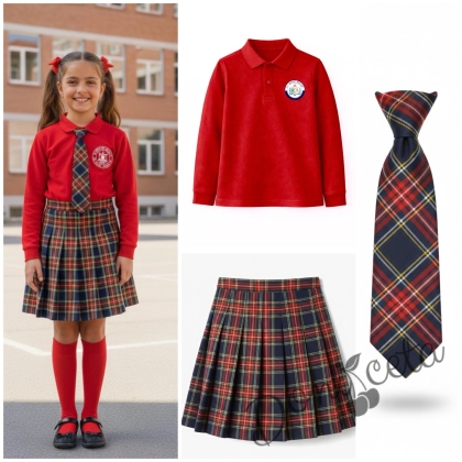 Комплект от 3 части-червена блуза с яка и лого, съчетана с  леко удължена плисиран пола в червено каре и вратовръзка, подходящ и за ученическа униформа