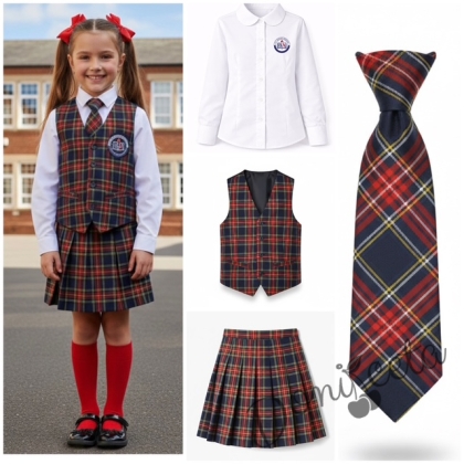 Комплект каре от 3 части- карирана плисирана пола леко удължена, карирана вратовръзка и кариран елек с лого, подходящ и за ученическа униформа