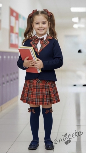 Детски комплект Карена за момиче от пола от трико плисе в каре и сако в тъмносиньо с каре 