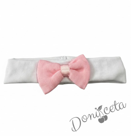 Лента за коса в бяло с панделка в розово