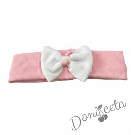 Лента за коса в розово с панделка в бяло