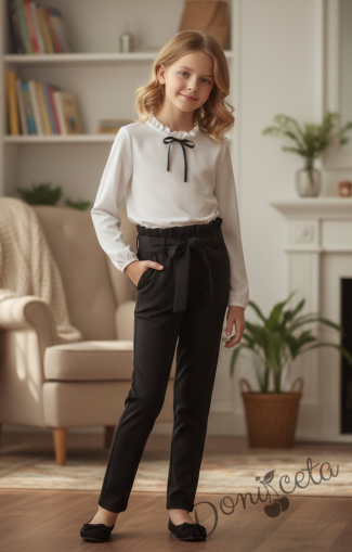 Комплект от 2 части- панталон в черно с ластик и колан, риза в бяло с панделка