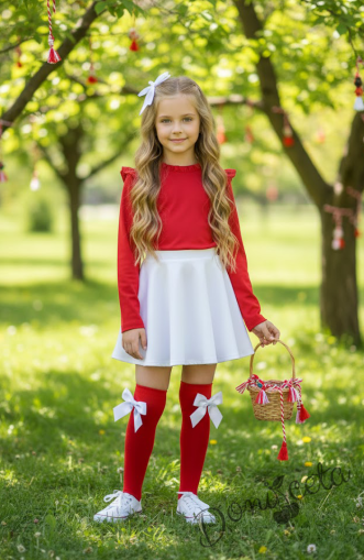 Комплект за момиче от 2 части-пола клош от трико Радост в бяло и блуза с дълъг ръкав с къдрички в червено 