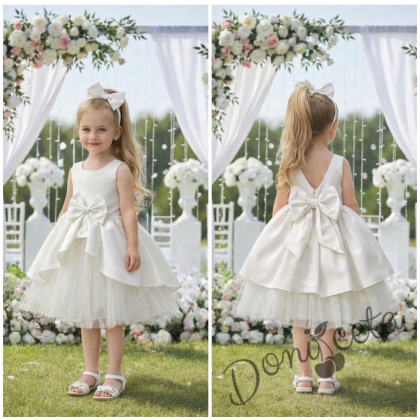  Официална детска рокля от плат Мариска без ръкав в бяло и тюл 