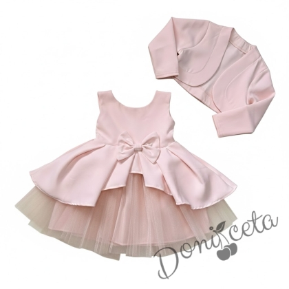 Официален комплект от 2 части-детска рокля от плат Мариска с тюл без ръкав и болеро в прасковено 