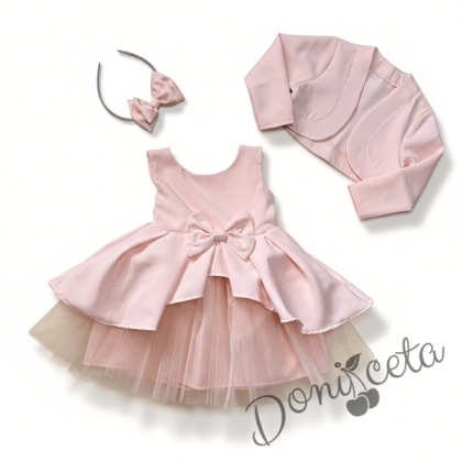 Официален комплект от 3 части-детска рокля от плат Мариска с тюл без ръкав, болеро и диадема в прасковено