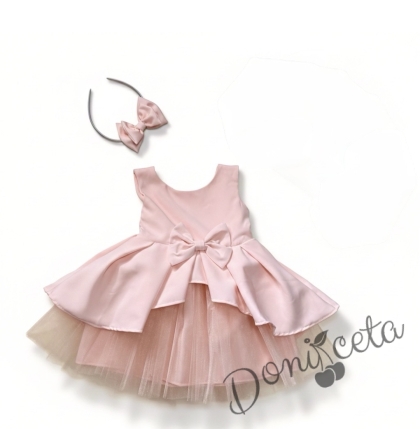 Официален комплект от 2 части-детска рокля от плат Мариска с тюл без ръкав и диадема в прасковено