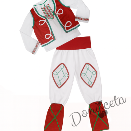 Мъжка или детска народна народна носия за момче 98 с фолклорни/етно мотиви, с елек и пояс в червено и гети в червено 1