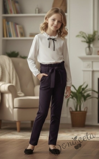 Комплект от 2 части- панталон в лилаво с ластик и колан и риза в бяло с панделка