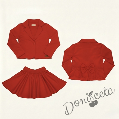 Детски комплект за момиче от пола от трико клош Роси в червено и сако в червено с панделка отзад 