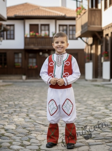 Мъжка или детска народна народна носия трибагреник за момче 98 с фолклорни/етно мотиви, с елек и пояс в червено и гети в червено