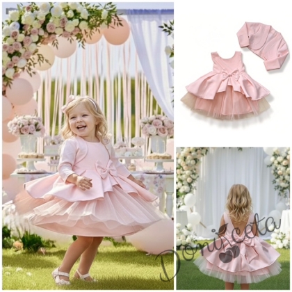 Официален комплект от 2 части-детска рокля от плат Мариска с тюл без ръкав и болеро в прасковено 