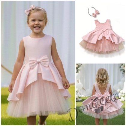 Официален комплект от 2 части-детска рокля от плат Мариска с тюл без ръкав и диадема в прасковено