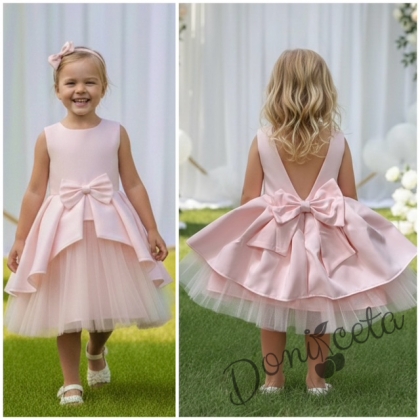  Официална детска рокля Мариска без ръкав в прасковено и тюл с изрязан гръб