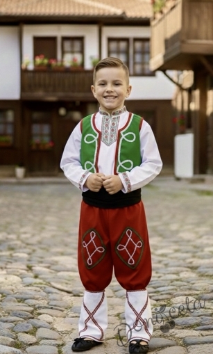 Мъжка или детска народна народна носия трибагреник за момче 198 с фолклорни/етно мотиви, с потури в червено