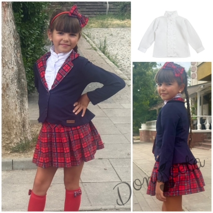 Детски комплект от 3 части за момиче от карирана пола и сако в тъмносиньо с каре и риза в бяло с дълъг ръкав и висока яка