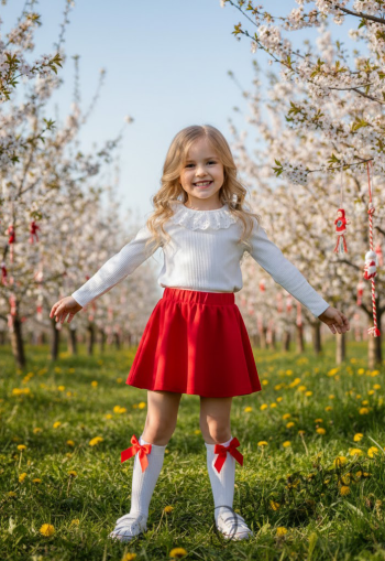 Комплект за момиче от 2 части-пола клош от трико Роси в червено и блуза с дълъг ръкав в бяло с дантела