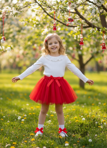 Комплект за момиче от 2 части- туту пола с богат тюл в червено с панделка отпред и блуза с дълъг ръкав в бяло с дантела