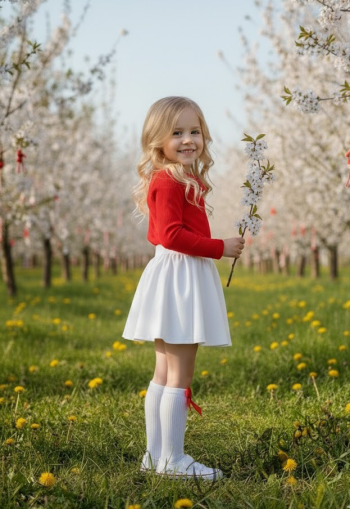 Комплект за момиче от 2 части-пола клош от трико Роси в бяло и блуза с дълъг ръкав в червено с дантела