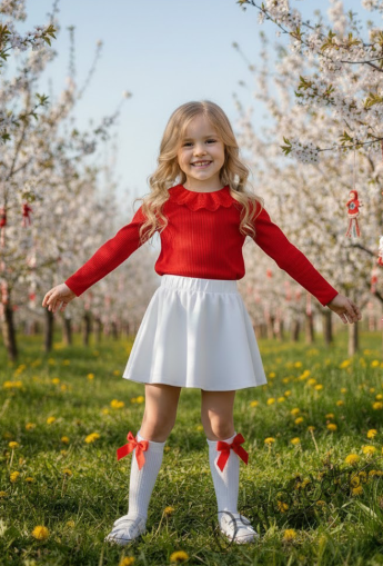 Комплект за момиче от 2 части-пола клош от трико Роси в бяло и блуза с дълъг ръкав в червено с дантела