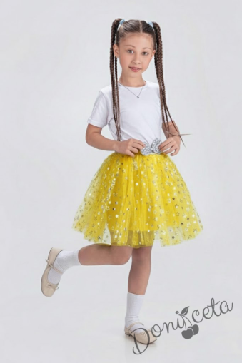 Интересна детска пола за момиче от тюл с блясък, звезди и панделка с пайети в жълто Радост