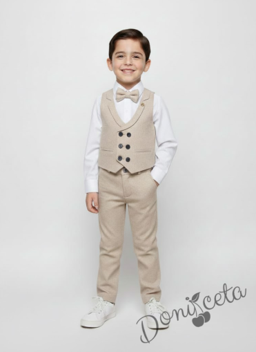 Официален елегантен костюм в синьо за момче от 4 части елек, панталон и папийонка в екрю ириза в бяло