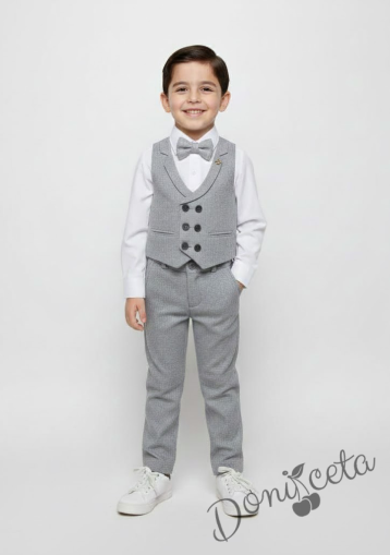 Официален елегантен костюм в синьо за момче от 4 части елек, панталон и папийонка в сиво и риза в бяло