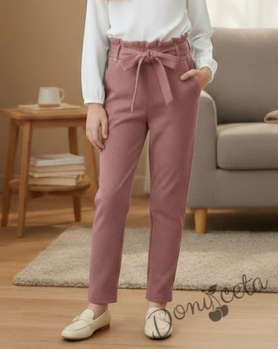 Детски панталон за момиче в цвят пепел от рози с висока талия и колан