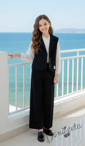 Комплект за момиче от елек Ким на ситни точици и панталон Ким на ситни точици в черно