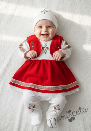 Бебешки комплект за момиче от 4 части- рокля в бяло и червено, елече в червено, ританки и шапка в бяло 