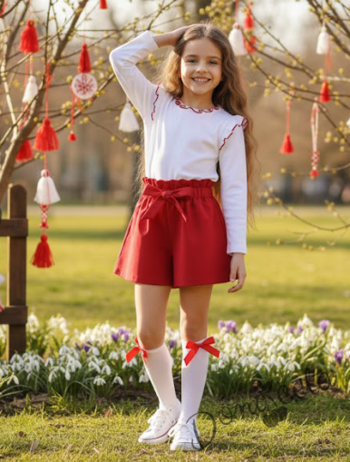 Комплект за момиче от къси пола-панталони в червено и блуза в бяло с дълъг ръкав с къдрички обкрайчени в червено