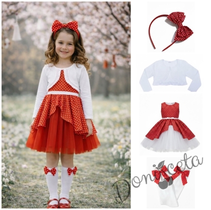 Официален комплект от 4 части- рокля Надежда в червено на бели точки и тюл в червено , болеро в бяло, диадема в червено на бели точки и чорапи с червени панделки на бели точки 