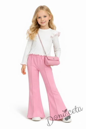 Комплект за момиче от 2 части-бяла блуза с къдрички и кант в розово, панталон чарлстон и чантичка 