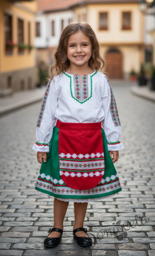 Дамска/детска народна носия трибагреник-риза в бяло, пола в зелено и престилка в червено с фолклорни/етно мотиви   
