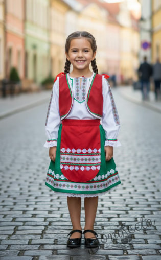 Дамска/детска народна носия трибагреник-риза в бяло, пола в зелено,елек в червено и престилка в червено с фолклорни/етно мотиви   