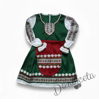 Дамска или детска народна носия- сукман в зелено с престилка в червено с фолклорни/етно мотиви 
