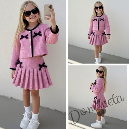 Комплект за момиче от 2 части - Сако в розово с панделки и плисирана пола 