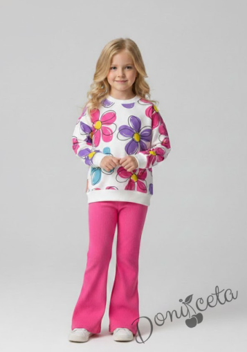 Детски комплект за момиче от 2 части - блуза в бяло с принт на цветя и панталон в розово