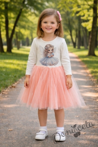 Детска ежедневна рокля с дълъг ръкав в екрю и прасковено с красива илюстрация на малка фея