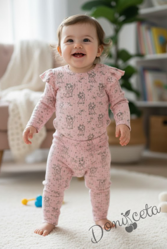 Бебешки комплект рипс за момиче  от две части боди с дълъг ръкав и къдрички  с панталон в розово