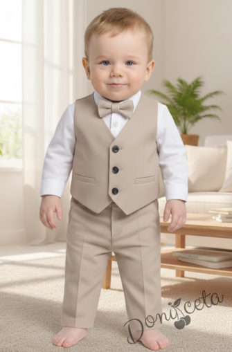 Бебешки официален комплект от 4 части- боди-риза в бяло, панталон, елек и папийонка в бежово 