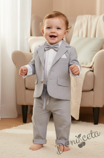 Бебешки комплект за момче от 4 части - боди-риза в бяло с панталон, сако и папийонка в сиво