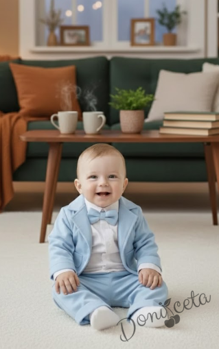 Бебешки комплект за момче от 4 части - боди-риза в бяло с панталон, сако и папийонка в светлосиньо 