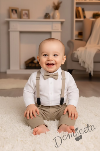 Официален бебешки комплект от 4 части-панталон в бежово, боди-риза в бяло, тиранти и папийонка  от колекция Бежина