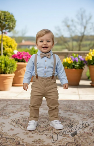 Бебешки официален  комплект от панталон,тиранти и папийонка в бежово с боди-риза в бяло
