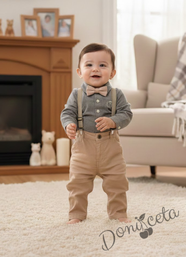 Официален бебешки комплект от 4 части-панталон в бежово, боди-риза в зелено, тиранти и папийонка 