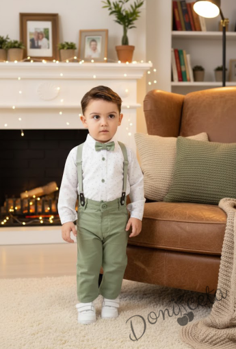 Бебешки комплект за момче от 4 части - боди-риза в бяло със зелени орнаменти, панталони, тиранти и папийонка в зелено 