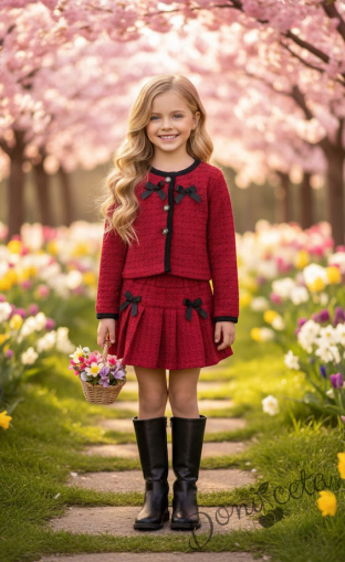 Комплект за момиче от 2 части - Сако в червено с панделки и плисирана пола 